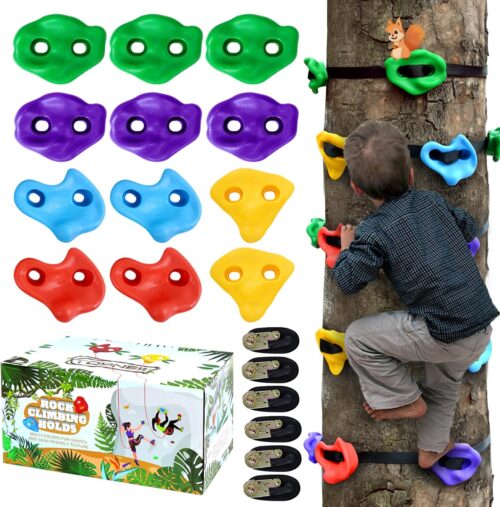 TOPNEW 12 Ninja Tree Climbing Holds for Kids Climber, Adult Climbing Rocks with 6 Ratchet Straps for Outdoor Ninja Warrior Obstacle Course Training