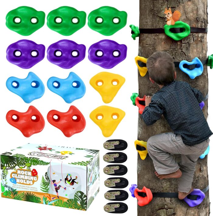 TOPNEW 12 Ninja Tree Climbing Holds for Kids Climber, Adult Climbing Rocks with 6 Ratchet Straps for Outdoor Ninja Warrior Obstacle Course Training
