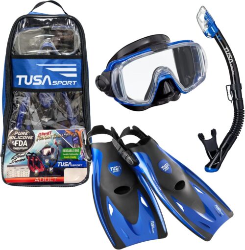 TUSA Sport Adult Black Series Visio Tri-Ex Mask, Dry Snorkel, and Fins Travel Set,
