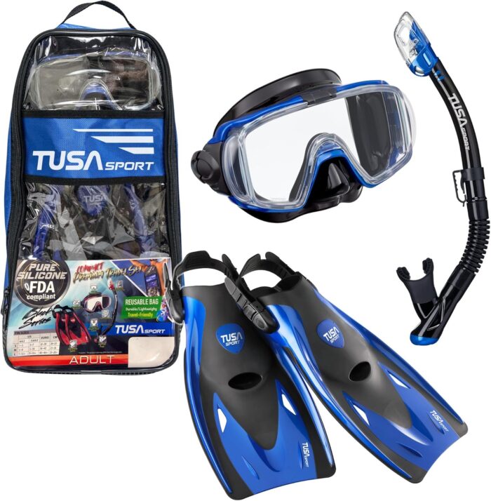 TUSA Sport Adult Black Series Visio Tri-Ex Mask, Dry Snorkel, and Fins Travel Set,