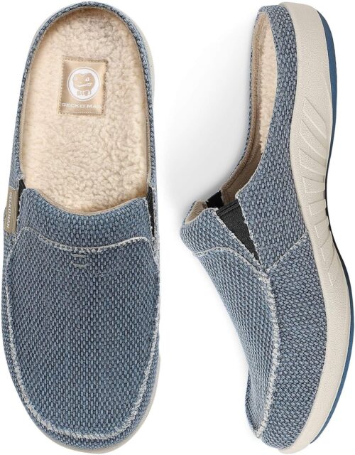 Mens Slippers with Arch Support, Canvas House Slipper for Men with Velvet Lining, Slip On Clog, Indoor Outdoor House Shoes with Anti-Skid Rubber Sole