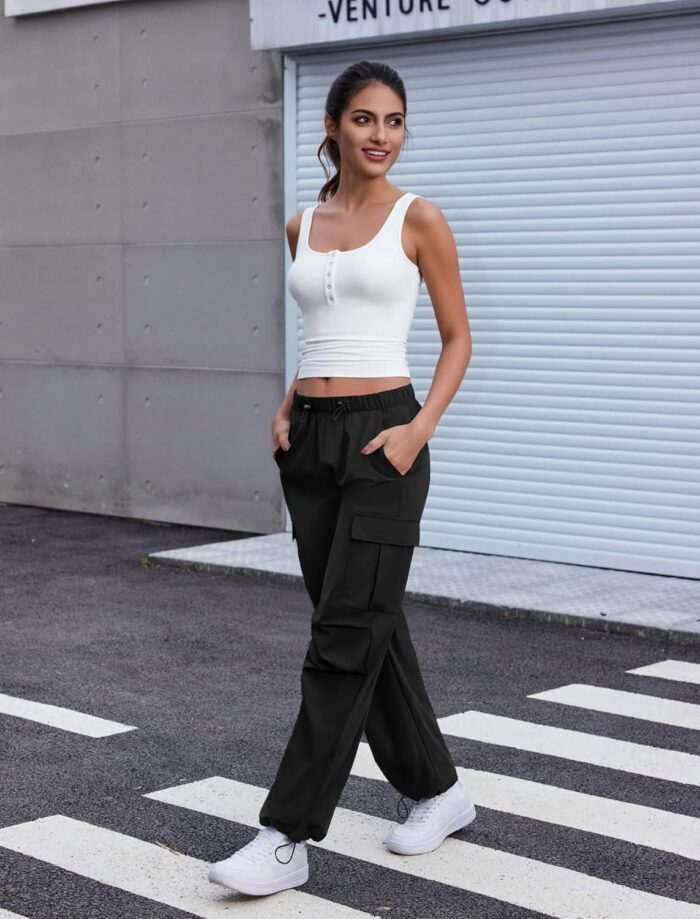 Cargo Pants Women Elastic Waisted Parachute Hiking Pants with Pockets Water-Resistant Lightweight Baggy Pants - Image 4
