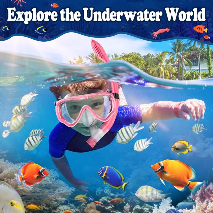 U PHITNIS Kids Snorkel Set for Age 4-14 - Dry Top Snorkeling Gear for Kids Junior & Youth - Childs Diving Mask with Big Eyes for Boys Girls - Anti-Fog Snorkeling Mask and Snorkel Set - Image 2