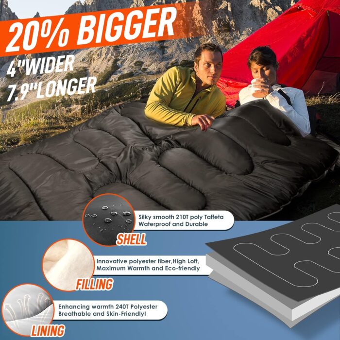 MEREZA Double Sleeping Bag for Adults Mens with Pillow, XL Queen Size Two Person Sleeping Bag for All Season Camping Hiking Backpacking 2 Person Sleeping Bags for Cold Weather & Warm - Image 3