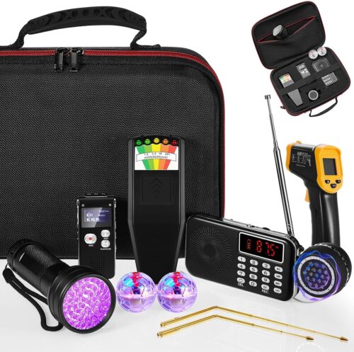 Dunzy 11 Pcs Ghost Hunting Equipment Kit Include Ghost Radio, Electromagnetic Paranormal Radiation Detector, Voice Recorder, UV Flashlight 2 LED Light up Cat Balls Etc(Emf Meter)