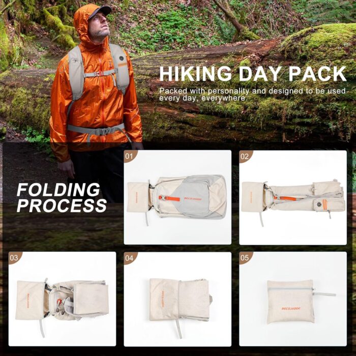 15L Small Hiking Backpack for Men Women Foldable Packable Back Pack Ultralight Hiking Daypack for Travel Camping Outdoor, Beige - Image 7