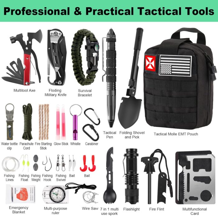 Survival Kit 256 in 1, First Aid Kit Survival Gear Tools Trauma Kit with Molle Pouch for Outdoor, Camping, Hunting, Hiking, Earthquake, Home, Office, Gifts for Men Dad Husband Women (Black) - Image 3