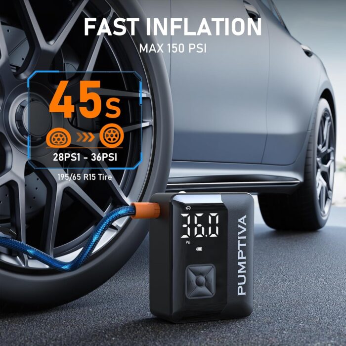 Tire Inflator Portable Air Compressor, 150 PSI Portable Electric Bike Pump Auto Shut-Off Cordless Mini Car Tire Air Pump with Accurate LCD Display LED Light for Car, Motorcycle, Bicycle, Bike, Ball - Image 2