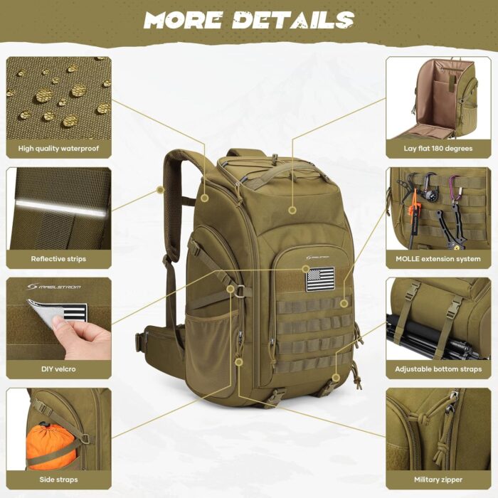 Maelstrom Tactical Backpack for Men, 40L Military Backpack,Water Resistant Assault Pack for Women, 3-Day Bug Out Bag for Hiking, Camping, Gym with Molle System-Khaki - Image 2