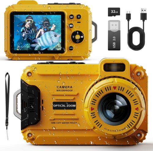 Waterproof Camera, 48MP Digital Camera Underwater with 32GB TF Card, 2.8" IPS Screen 33FT Waterproof, 6X Optical Zoom, Dustproof Shockproof for Snorkeling, Surfing, Rafting