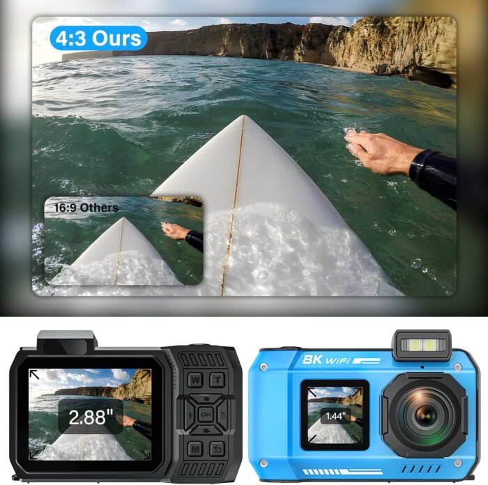 8K UHD 70MP WiFi Digital Camera with 64GB Card Rugged Waterproof Dustproof Shockproof Dual-Screen Selfie 33FT Underwater Camera for Snorkeling Autofocus Point and Shoot Digital Camera (Blue) - Image 5