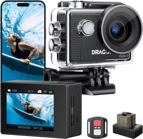 Dragon Touch 4K30FPS Action Camera Vision 3 20MP 100FT Underwater Camera 170° Wide Angle WiFi Sports Waterproof Cam with Remote 2 Batteries and Mounting Accessories Kit