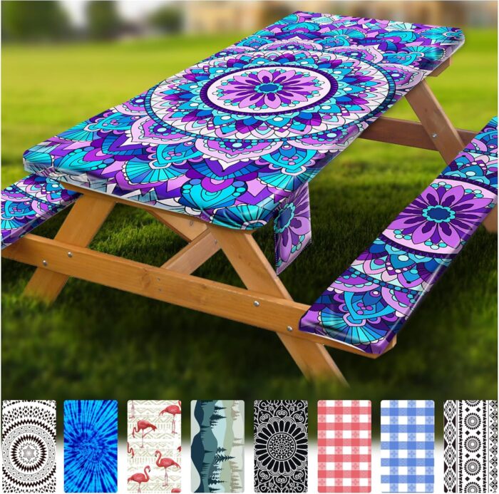 Fitted Picnic Table Cover with Bench Covers Vinyl Waterproof Elastic Edges Fitted Rectangle Tables Patio Tablecloth Camping Gear and Essentials Rv Accessories Road Trip Supplies Car Travel Must Haves