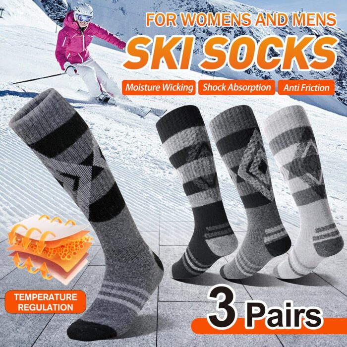 3 Pairs Merino Wool Ski Socks for Womens Mens Thermal Winter Warm Thick Knee High Socks for Skiing Snowboarding - Image 2