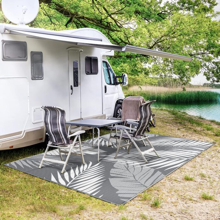 GENIMO Outdoor Rug 5' x 8' Waterproof for Patios Clearance, Reversible Plastic Straw Camping Carpet, Large Area Rugs Mats for RV, Picnic, Backyard, Deck, Balcony, Porch, Beach, Grey&White - Image 5
