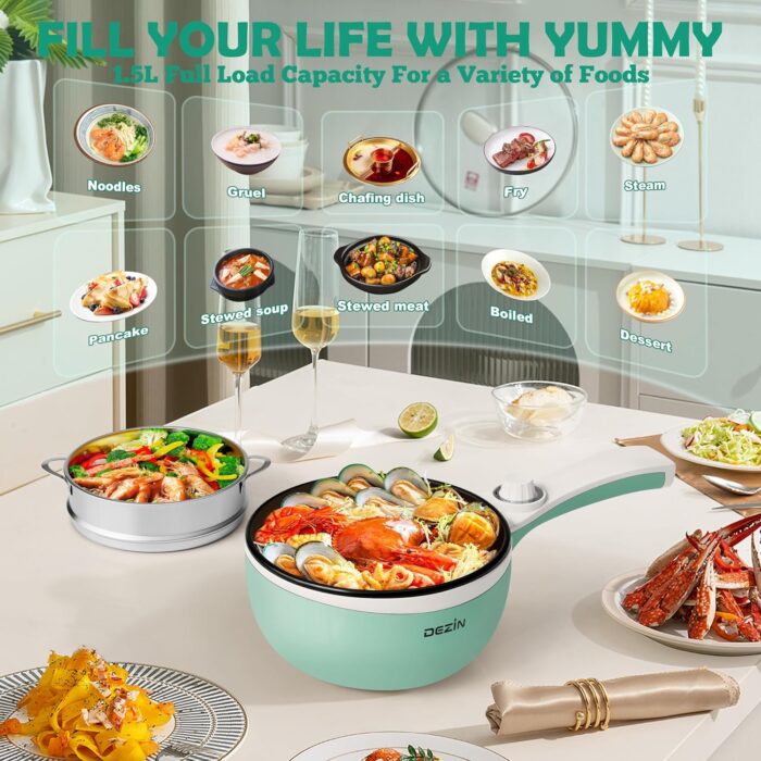 Dezin Hot Pot Electric Upgraded, Non-Stick Sauté Pan, Rapid Noodles Electric Pot, 1.5L Mini Portable Hot Pot for Steak, Egg, Fried Rice, Ramen, Oatmeal, Soup with Power Adjustment - Image 5