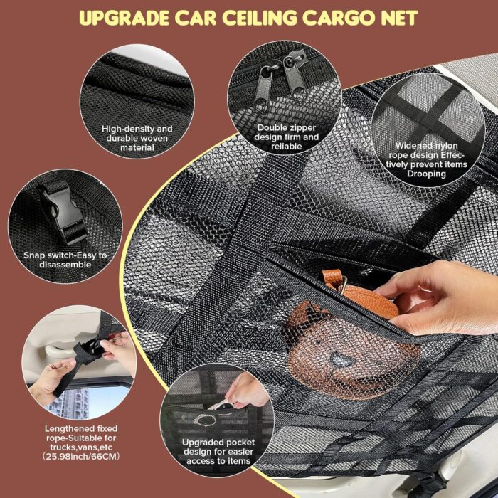 Upgrade Car Ceiling Cargo Net Pocket,31.5"x21.6" Strengthen Load-Bearing and Double-Layer Mesh Car Roof Storage Organizer,Truck SUV Van Travel Long Road Trip Camping Interior Accessories - Image 5