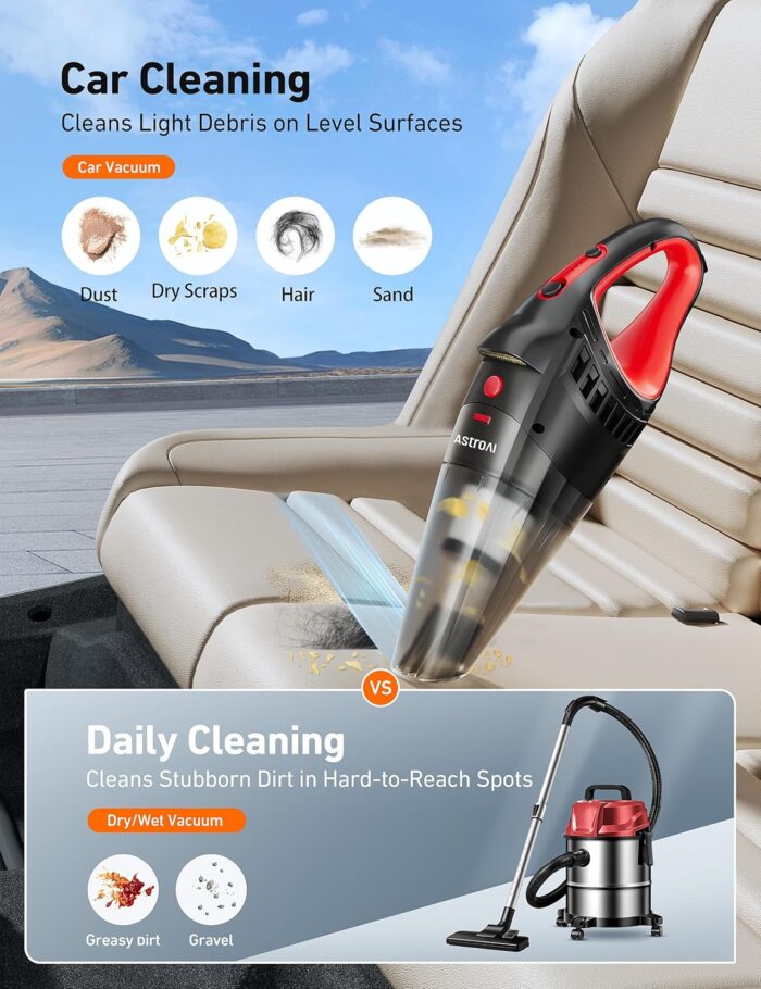 AstroAI Title Car Vacuum Cleaner, Portable Handheld Vacuum and Car Accessories, 16.4 Ft Cord-12V Power, LED Light, w/3 Attachments，Auto Accessories Kit for Interior Detailing for Quick Cleaning (Red) - Image 2