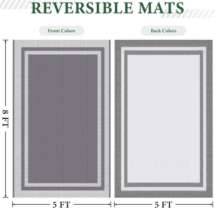 HappyTrends Outdoor Rug Reversible Portable Plastic Straw Camping Rugs for Outside RV,Large Waterproof Outdoor Area Rugs for Patio,Deck,Porch,Balcony(5'x 8',White&Gray) - Image 2