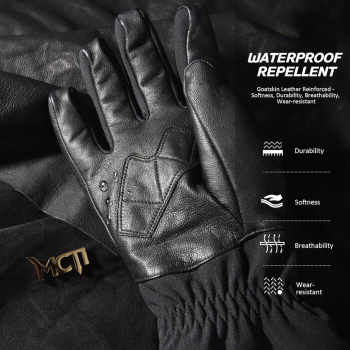 MCTi Leather Ski Gloves Men's Waterproof Touch Screen Long Gauntlet for Snowboarding Mountaineering - Image 4