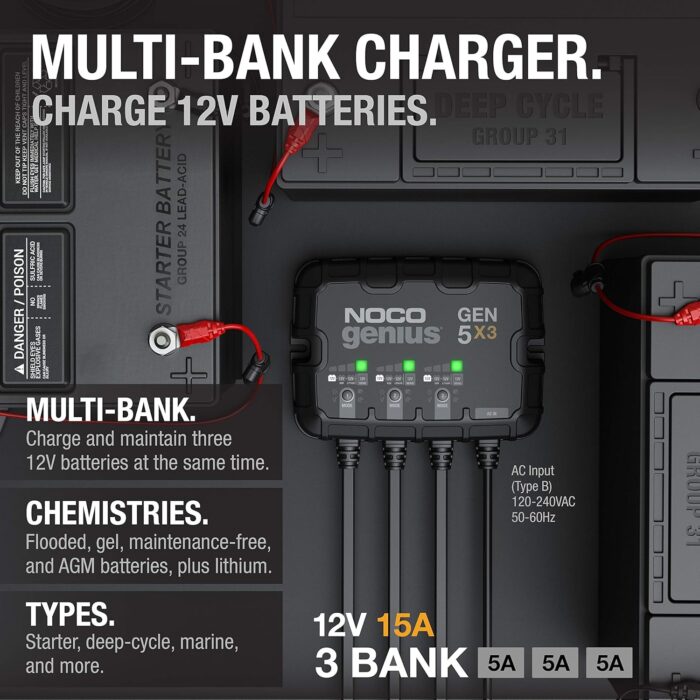 NOCO Genius GEN5X3, 3-Bank, 15A (5A/Bank) Smart Marine Battery Charger, 12V Waterproof Onboard Boat Charger, Battery Maintainer and Desulfator for AGM, Lithium (LiFePO4) and Deep-Cycle Batteries - Image 2