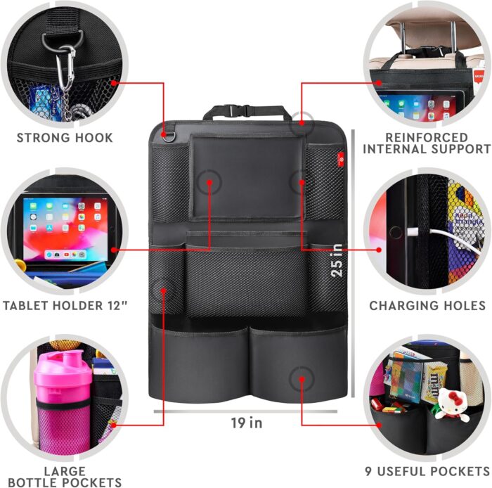 Backseat Car Organizer, Kick Mats Back Seat Protector with Touch Screen Tablet Holder, Back Seat Organizer for Kids, Travel Accessories with 9 Storage Pockets 2 Pack, Black - Image 6