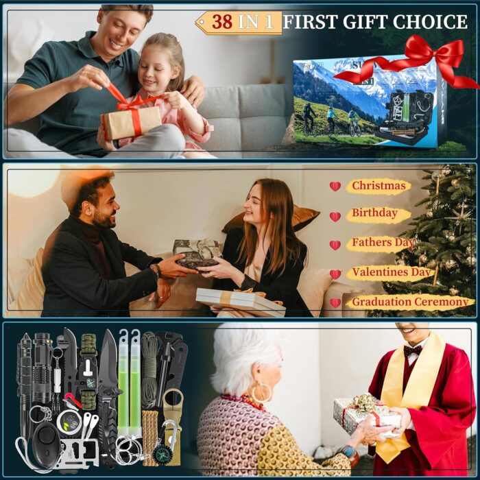 Survival Kits 37 in 1, Gifts for Men Dad Husband Valentine's Day, Emergency Survival Gear and Equipment, Camping Hiking Outdoor Adventure Cool Gadgets, Stocking Stuffers - Image 7