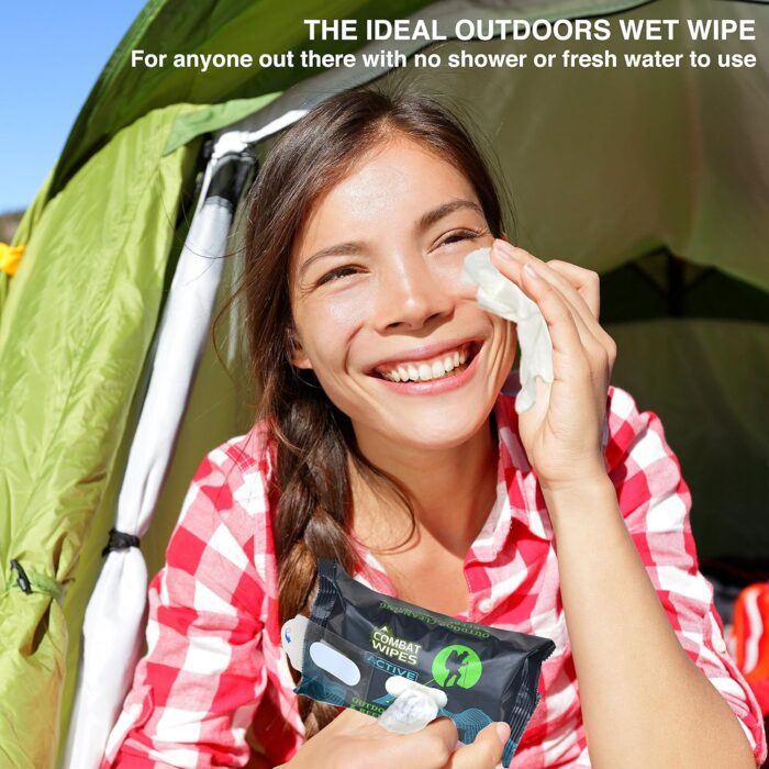 Combat Wipes ACTIVE Outdoor Wet Wipes - Extra Thick Camping Gear, Biodegradable, Body & Hand Cleansing/Refreshing Cloths for Backpacking & Gym w/Natural Aloe & Vitamin E (25 Wipes) - Image 7