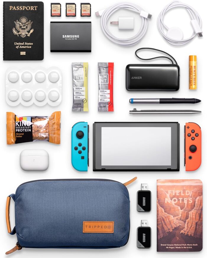 TRIPPED Travel Gear Tech Bag Organizer - Small Electronics Organizer Pouch for Travel - Premium Travel Case with Leather Accents - Mesh Pocket for Cables, Cords and Chargers (Navy) - Image 3