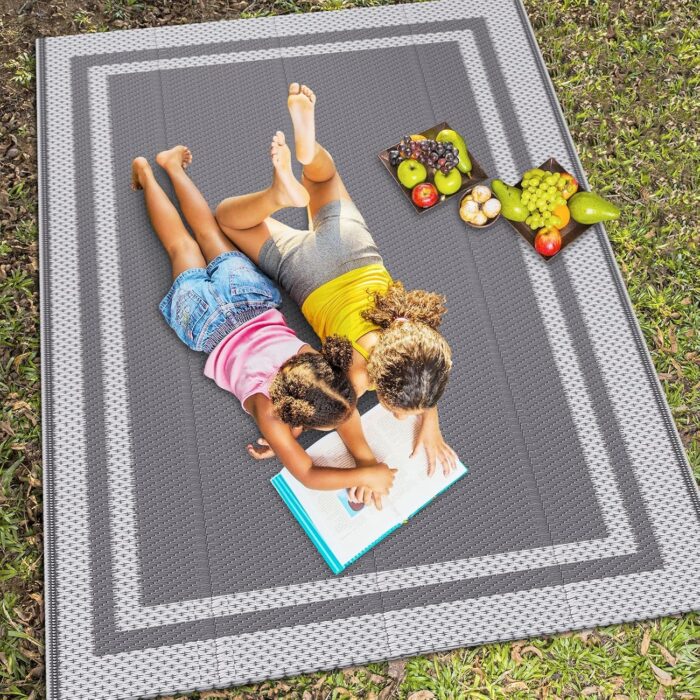HappyTrends Outdoor Rug Reversible Portable Plastic Straw Camping Rugs for Outside RV,Large Waterproof Outdoor Area Rugs for Patio,Deck,Porch,Balcony(5'x 8',White&Gray) - Image 7