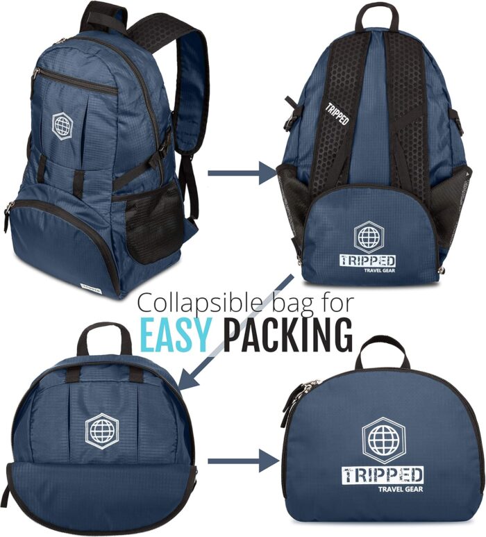 TRIPPED Travel Gear Traveling Backpack- Foldable collapsible lightweight backpack for travel (Blue) 35 liters - Image 2