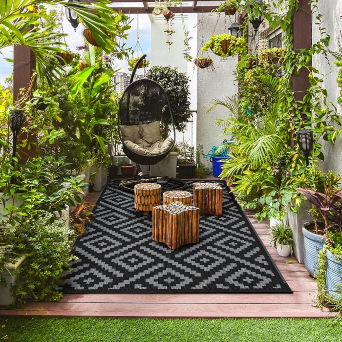 GENIMO Outdoor Rug for Patio Clearance,5'x8' Waterproof Mat,Reversible Plastic Camping Rugs,Rv,Porch,Deck,Camper,Balcony,Backyard,Black & Gray - Image 3