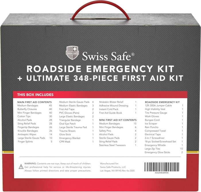 Swiss Safe 2-in-1 Survival Car Emergency Kit for Vehicles - Compact & Portable Car Safety Kit w/Travel Bag + Bonus Car First Aid Kit (378 Piece) - 12-Foot Jumper Cables - Auto Essentials - Image 9