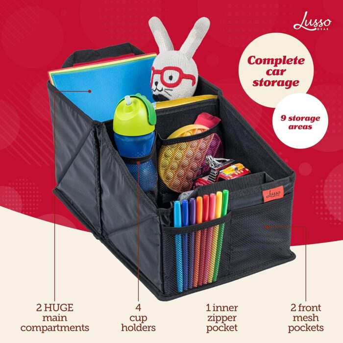 Lusso Gear Car Seat Organizer with Cup Holders for Front, Back, Passenger Seats, Truck and Van, 9 Auto Storage Compartments for Travel Organization of Trunk, Seats, Mobile Office (Gray) - Image 2