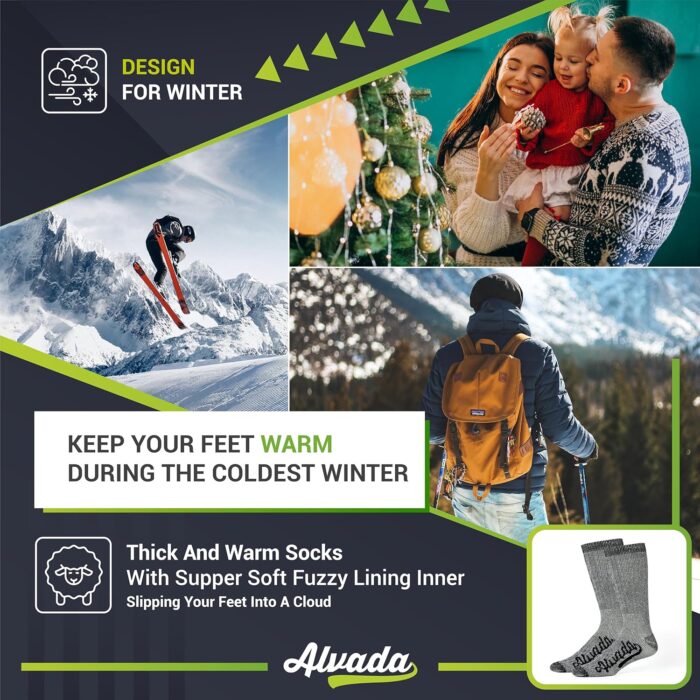 Alvada Merino Wool Hiking Socks Thermal Warm Crew Winter Boot Sock For Men & Women 3 Pairs - Image 5