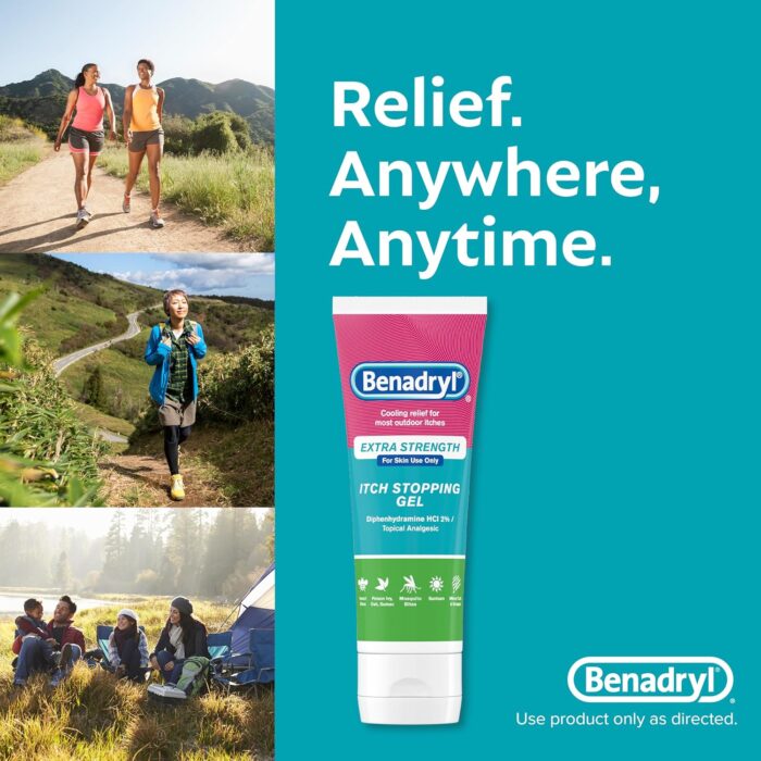 Benadryl Extra Strength Anti Itch Relief Gel, 2% Diphenhydramine HCl, Relief from Insect Bites, Sunburn & More, Great for Camping Essentials, 3.5 fl oz - Image 8