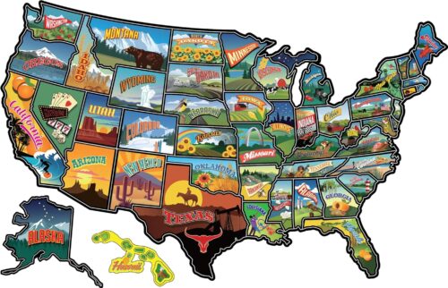 RV State Travel USA Map Vinyl Sticker - Camper Trailer Decals for Window with State Flag - Road Trip Map of America - Waterproof, UV Protection for Window, Door or Wall (Popular)