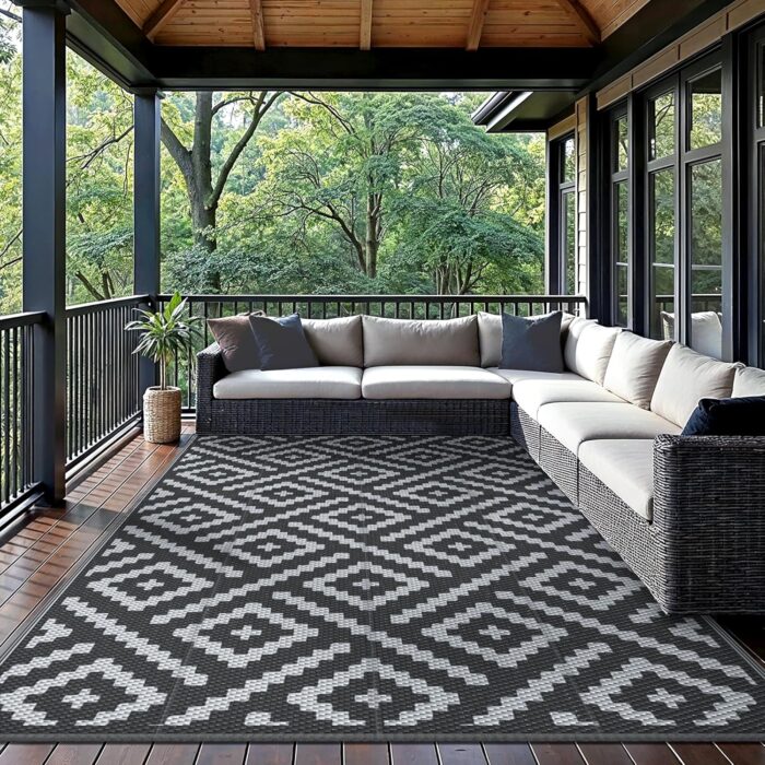 GENIMO Outdoor Rug for Patio Clearance,5'x8' Waterproof Mat,Reversible Plastic Camping Rugs,Rv,Porch,Deck,Camper,Balcony,Backyard,Black & Gray - Image 7