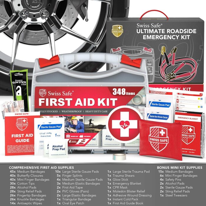 Swiss Safe 2-in-1 Survival Car Emergency Kit for Vehicles - Compact & Portable Car Safety Kit w/Travel Bag + Bonus Car First Aid Kit (378 Piece) - 12-Foot Jumper Cables - Auto Essentials - Image 5