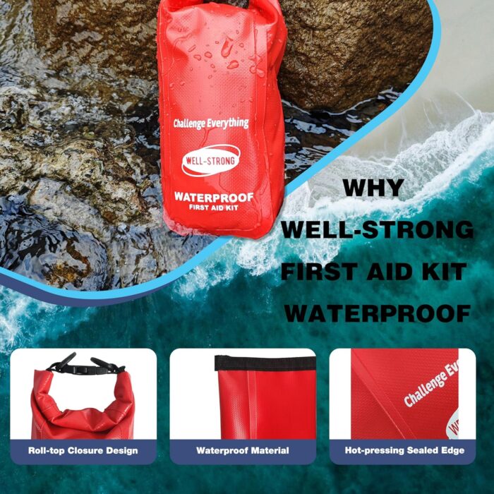 Waterproof First Aid Kit Roll Top Boat Emergency Kit with Waterproof Contents for Fishing Kayaking Boating Swimming Camping Rafting Beach Red - Image 2
