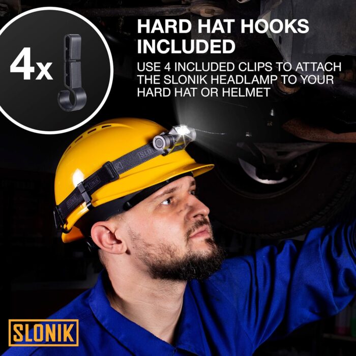 SLONIK Rechargeable Headlamp for Adults - 1000 Lumens Super Bright 60 ft Beam LED Flashlight - Lightweight, Heavy-Duty, IPX4 Waterproof Hard Hat Light - Camping Gear, Running Headlight, Black - Image 5