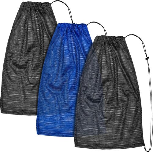 3 Pack Mesh Gear Bag Oversized 19" x 27" For Snorkel Scuba Swim Dive Gear Oversized Drawstring Net Bag for Sports Equipment, Gym, Beach, Pools Toys, Balls, Laundry, Scalloping Collect, Black & Blue