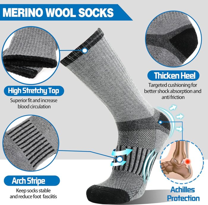 5 Pairs Merino Wool Hiking Socks Warm Thermal Winter Cozy Cushioned Moisture Wicking Socks for Women & Men - Image 3