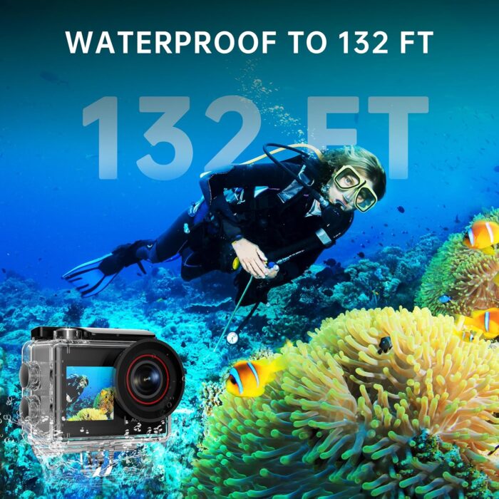 4K60FPS 30MP Action Camera with Front LCD and Touch Rear Screens, Underwater Camera with 64GB Memory Card, 132FT Waterproof Camera, EIS, 5X Zoom, WiFi Remote Control（Black） - Image 6