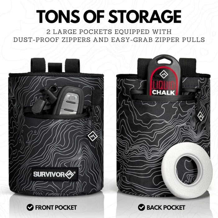 SURVIVOR Chalk Bag - Iconic Topographical Map, Draw String Closure, 2 Zippered Pockets, & Brush Holder - Chalk Bag for Rock Climbing, Bouldering, Weightlifting, Gymnastics & More - Image 2