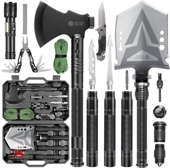 Sahara Sailor Folding Camping Shovel Axe Kit Military Grade, Multifunctional Survival Tactical Shovel with Paracord, Dual Color Flashlight, Whetstone, Emergency Gear for Camping