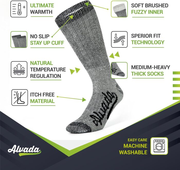 Alvada Merino Wool Hiking Socks Thermal Warm Crew Winter Boot Sock For Men & Women 3 Pairs - Image 2