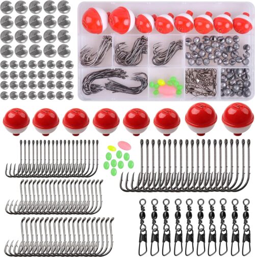Fishing Tackle Kit, 160pcs Basic Bobbers and Hooks Assortment With Octopus Circle, Baitholder Hooks, Sinker Weights, Terminal Tackle Box for Trout Catfish Panfish