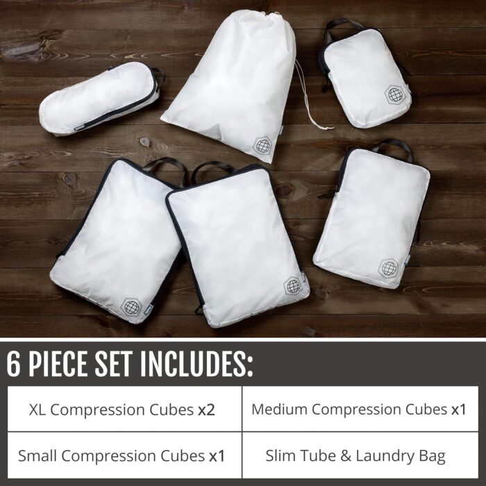 Large Compression Packing Cubes 6 Piece Set for Travel with Lightweight Laundry Bag for Carry-On Suitcase by TRIPPED Travel Gear (White) - Image 2
