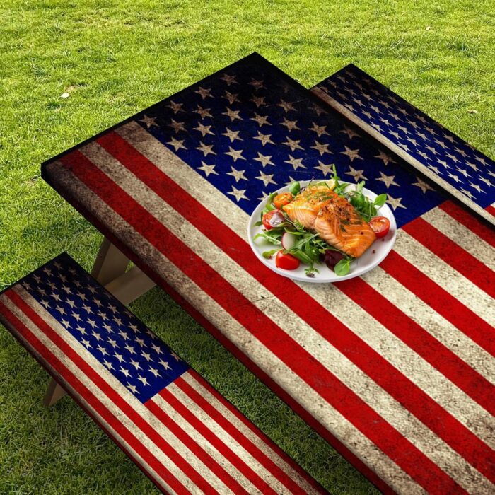 Picnic Table Cover with Bench Covers Elastic Edges, American Flag Fitted Table Cover, Outdoor Patio Camping Essentials 72 Inch 3PCS, Waterproof Camping Fitted Tablecloth with Drawstring Bag - Image 6